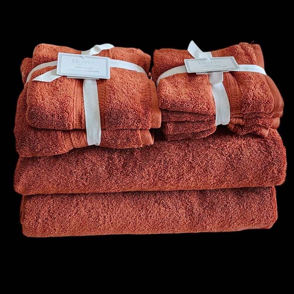 Hotel‎ 8pc Autumn Rust Red Cotton Towel Set 2 Bath 2 Hand 4 Tip Made in Green - Picture 11 of 15